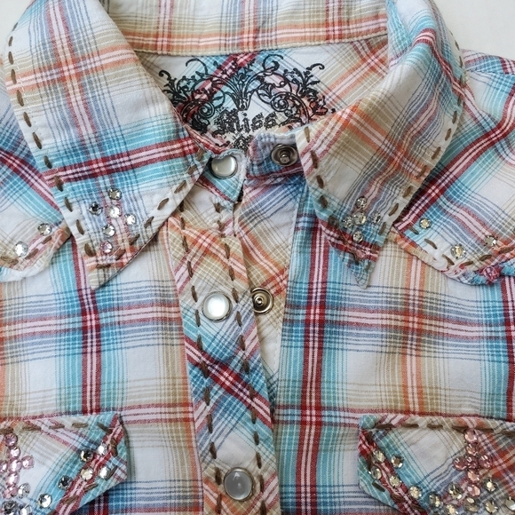 Miss Me Girls Plaid Western Shirt with Bedazzled  Pearl Snap Size L. - Picture 2 of 14